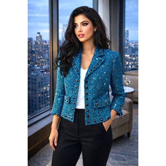 Alberto Makali Jackets & Blazers - Alberto Makali Size 12 Teal Blue Boucle Studded Cropped Tweed Fringe Blazer Chic